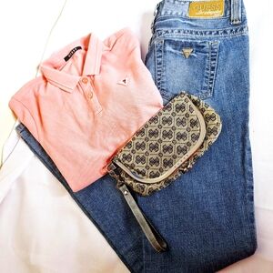 Guess Jeans Brand "The Guess What" Jean, polo tee, and wristlet curated bundle.